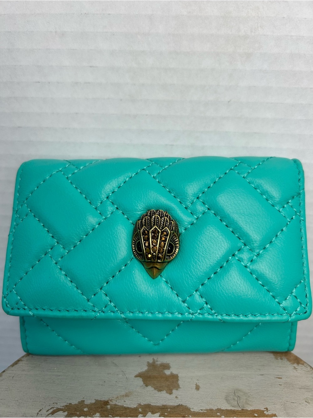 Kurt Geiger London Teal Quilted Leather Tri-Fold Wallet Eagle Head Snap New